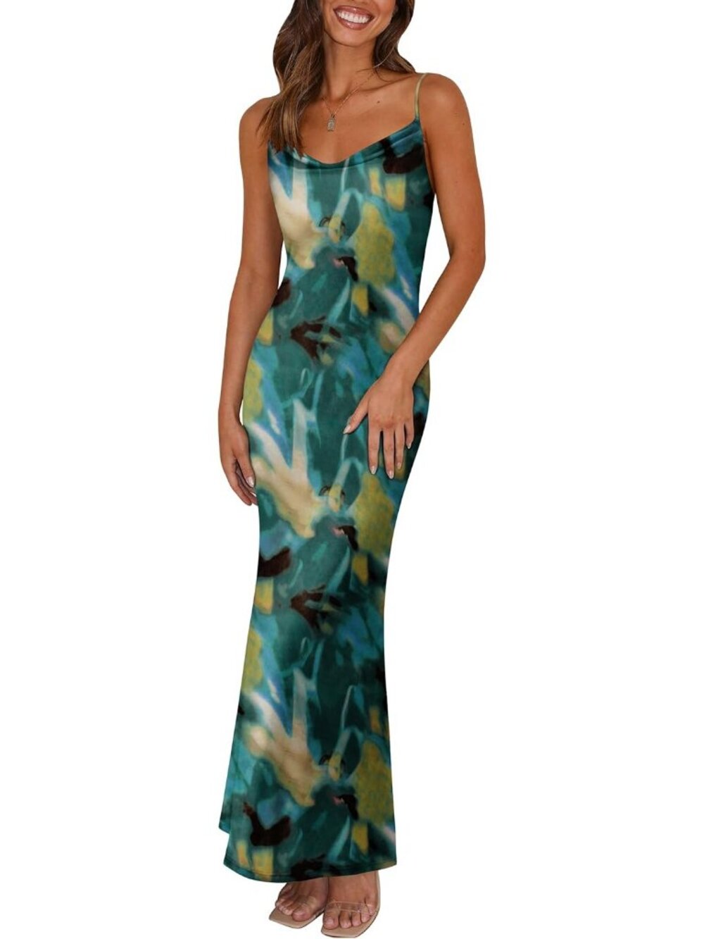 Women's A-Green Floral Maxi Bodycon Spaghetti Strap Backless Summer Slip Dress